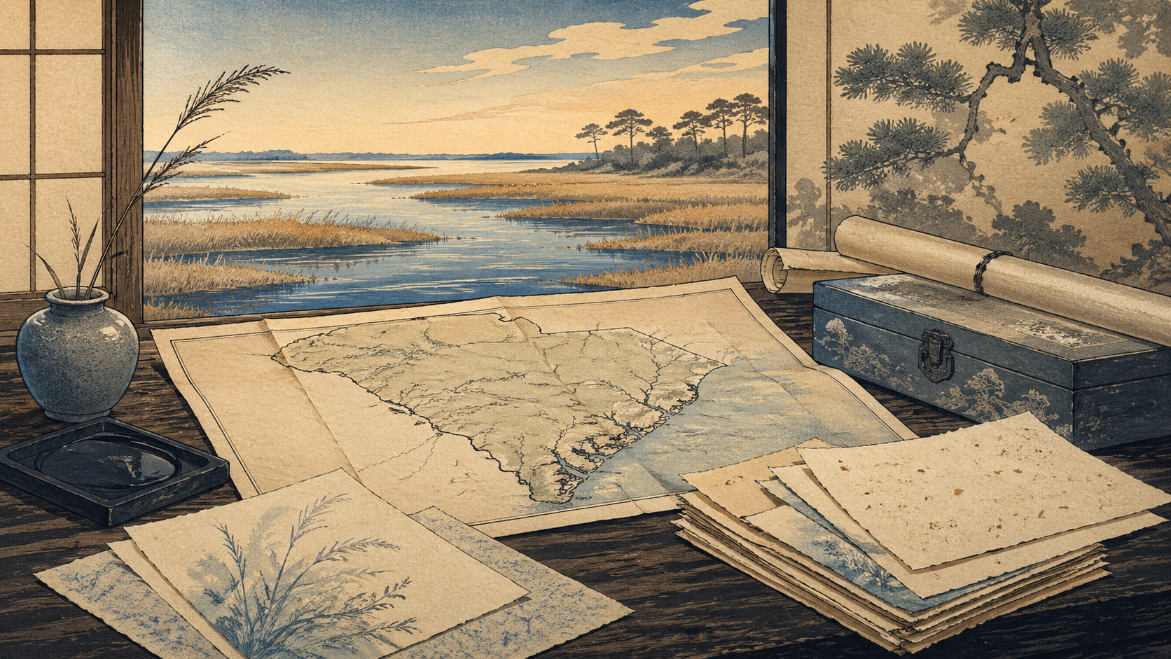 湿地、水辺、地図、紙面を描いた免責事項ページの画像