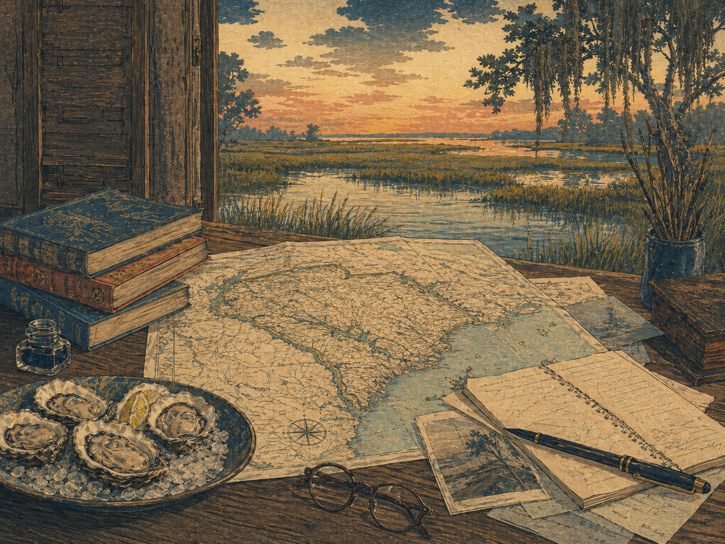 特集編集室、地図、湿地、牡蠣、書物を描いた風景