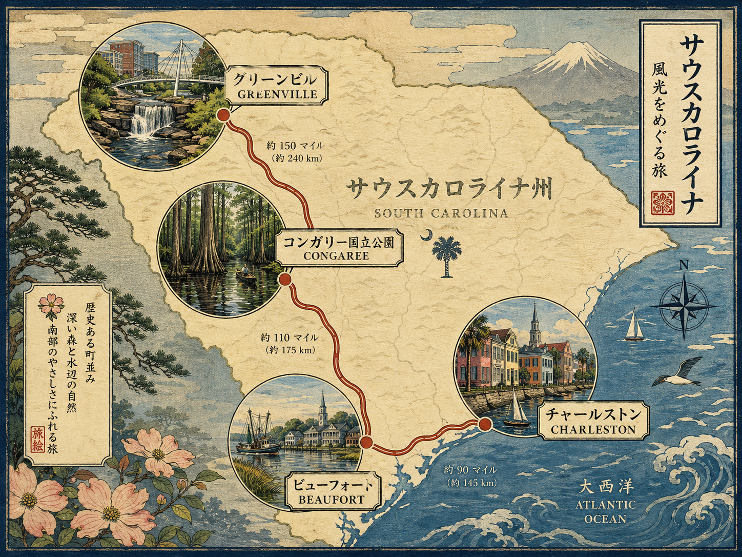 チャールストン、ビューフォート、コンガリー、グリーンビルを結ぶ旅の地図